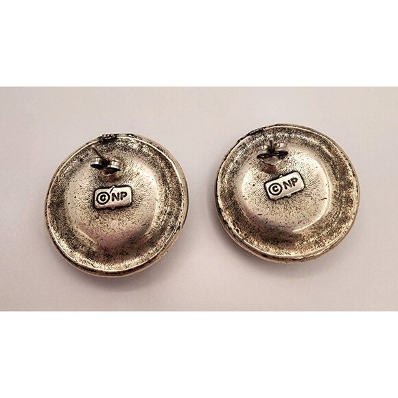 GORGEOUS Vintage Silver Ocean Blue Cabochon Signed Clip-On Earrings Beaded Trim - Picture 4 of 6